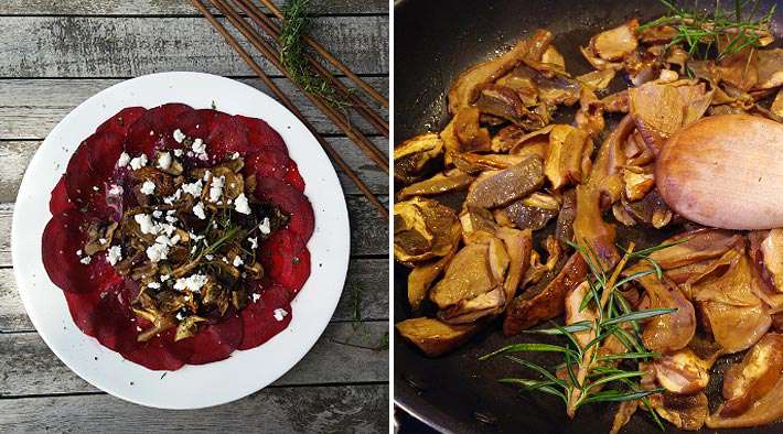 Rote Beete Carpaccio mit gebratenen Steinpilzen und Feta-Käse