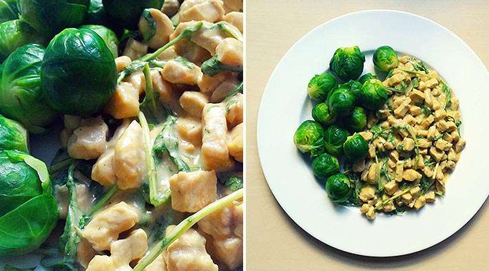 Hähnchen-Geschnetzeltes mit Rucola und Rosenkohl